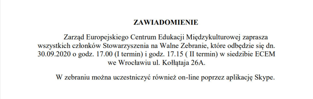 Zawiadomienie – Walne zebranie 30.09.2020