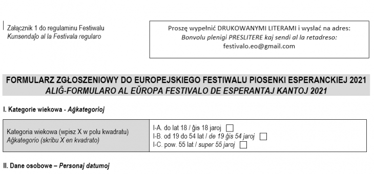 FORMULARZ ZGŁOSZENIOWY DO EUROPEJSKIEGO FESTIWALU PIOSENKI ESPERANCKIEJ 2021