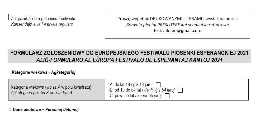 FORMULARZ ZGŁOSZENIOWY DO EUROPEJSKIEGO FESTIWALU PIOSENKI ESPERANCKIEJ 2021